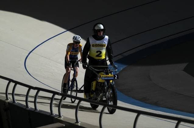 BAHNRADSPORT STEHER DERNY DM 2025 FOR EDITORIAL PURPOSES ONLY EDITORIAL USE ONLY p 13 06 2025 Erfurt German Championship Steher amp Derny 2025 at the Andreasried Cycling Track Steher Elite Men Preliminary Run 1 in photo Christoph Heese 028 with pacemaker Thomas Baur 5 Germany Thueringen Erfurt Copyright SaschaxFromm Copyright: SaschaxFromm doc812i5f132yo1886h88r9 ,EDITORIAL USE ONLY Copyright: SaschaxFromm
