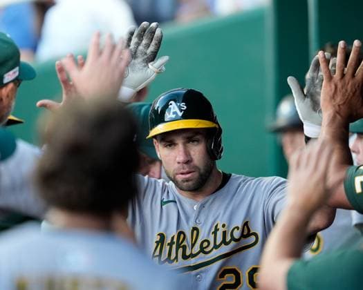 June 13, 2025: Athletics catcher Austin Wynns (29) celebrates a solo home run against the Royals at Kauffman Stadium Kansas City, Missouri. CSM. Kansas City United States - ZUMAc04_ 20250613_zma_c04_016 Copyright: xJonxRobichaudx