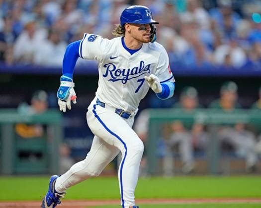 June 13, 2025: Kansas City Royals shortstop Bobby Witt Jr. (7) tries to beat out an infield hit against the Athletics at Kauffman Stadium Kansas City, Missouri. CSM. Kansas City United States - ZUMAc04_ 20250613_zma_c04_020 Copyright: xJonxRobichaudx
