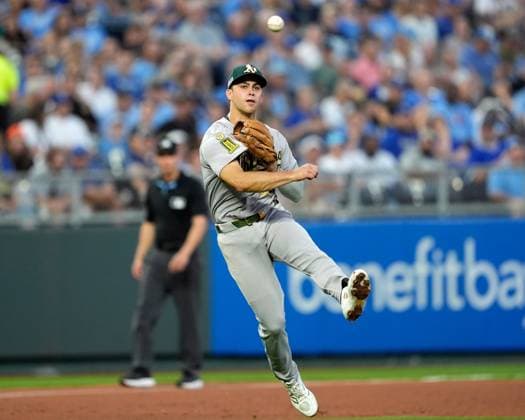 June 13, 2025: Athletics second base Max Muncy (10) fires across the diamond for an out against the Royals at Kauffman Stadium Kansas City, Missouri. CSM. Kansas City United States - ZUMAc04_ 20250613_zma_c04_023 Copyright: xJonxRobichaudx