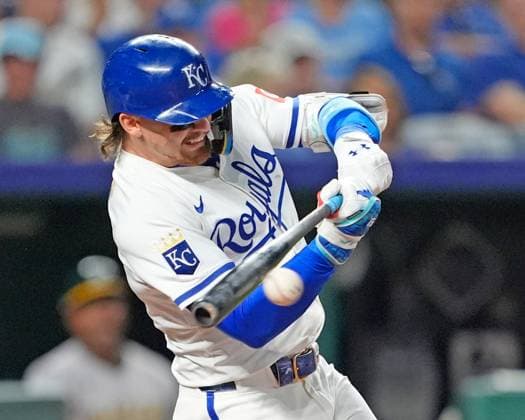June 13, 2025: Kansas City Royals shortstop Bobby Witt Jr. (7) drives a pitch against the Athletics at Kauffman Stadium Kansas City, Missouri. CSM. Kansas City United States - ZUMAc04_ 20250613_zma_c04_029 Copyright: xJonxRobichaudx