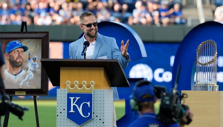 June 13, 2025: retired Royal, Alex Gordon accepts his Hall of Fame award in a pregame ceremonyagainst the Athletics at Kauffman Stadium Kansas City, Missouri. CSM. Kansas City United States - ZUMAc04_ 20250613_zma_c04_038 Copyright: xJonxRobichaudx
