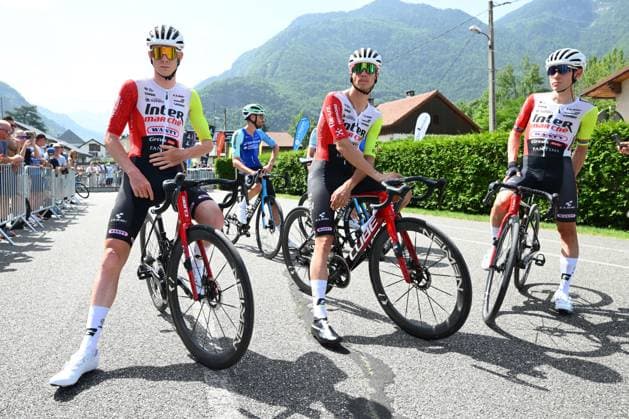 Criterium du Dauphine 2025 Stage 7 VALMEINIER 1800, FRANCE - JUNE 14 : Barre Louis (FRA) of Intermarche - Wanty and Meintjes Louis (ZAF) of Intermarche - Wanty during stage 7 of the 77th edition of Criterium du Dauphine Libere an UCI World Tour 2.UWT cycling road race stage for Men Elite of 131.6 km with start in Grand-Aigueblanche and finish in Valmeinier 1800 on June 14, 2025 in Valmeinier 1800, France, 14 06 2025 ( Motordriver Kenny Verfaillie - Valmeinier 1800 France  Copyright: xVincentxKalutx