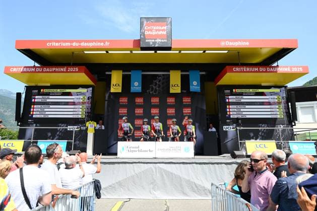 Criterium du Dauphine 2025 Stage 7 VALMEINIER 1800, FRANCE - JUNE 14 : Intermarche - Wanty during stage 7 of the 77th edition of Criterium du Dauphine Libere an UCI World Tour 2.UWT cycling road race stage for Men Elite of 131.6 km with start in Grand-Aigueblanche and finish in Valmeinier 1800 on June 14, 2025 in Valmeinier 1800, France, 14 06 2025 ( Motordriver Kenny Verfaillie - Valmeinier 1800 France  Copyright: xVincentxKalutx