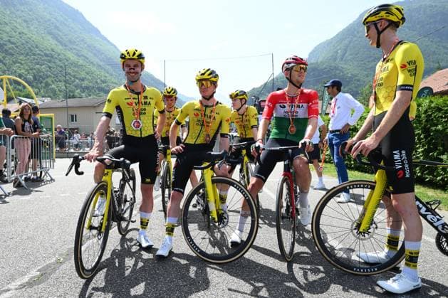 Criterium du Dauphine 2025 Stage 7 VALMEINIER 1800, FRANCE - JUNE 14 : Campenaerts Victor (BEL) of Team Visma Lease a Bike and Tulett Ben (GBR) of Team Visma Lease a Bike during stage 7 of the 77th edition of Criterium du Dauphine Libere an UCI World Tour 2.UWT cycling road race stage for Men Elite of 131.6 km with start in Grand-Aigueblanche and finish in Valmeinier 1800 on June 14, 2025 in Valmeinier 1800, France, 14 06 2025 ( Motordriver Kenny Verfaillie - Valmeinier 1800 France  Copyright: xVincentxKalutx