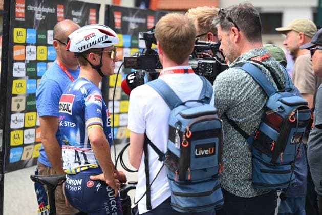 Criterium du Dauphine 2025 Stage 7 VALMEINIER 1800, FRANCE - JUNE 14 : Evenepoel Remco (BEL) of Soudal - Quick Step during stage 7 of the 77th edition of Criterium du Dauphine Libere an UCI World Tour 2.UWT cycling road race stage for Men Elite of 131.6 km with start in Grand-Aigueblanche and finish in Valmeinier 1800 on June 14, 2025 in Valmeinier 1800, France, 14 06 2025 ( Motordriver Kenny Verfaillie - Valmeinier 1800 France  Copyright: xVincentxKalutx