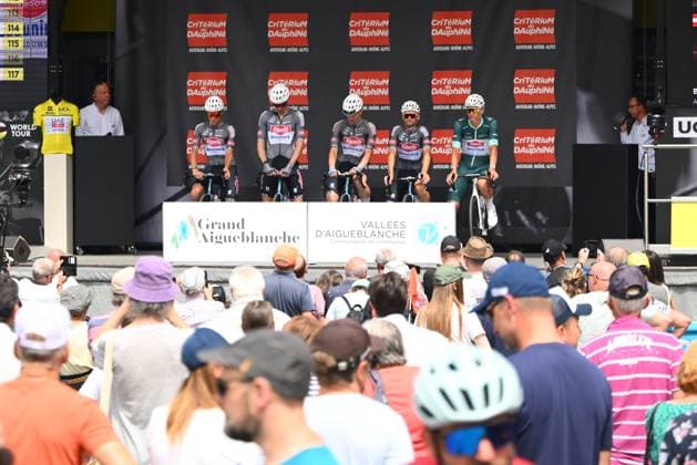 Criterium du Dauphine 2025 Stage 7 VALMEINIER 1800, FRANCE - JUNE 14 : Van Der Poel Mathieu (NED) of Alpecin-Deceuninck and his team during stage 7 of the 77th edition of Criterium du Dauphine Libere an UCI World Tour 2.UWT cycling road race stage for Men Elite of 131.6 km with start in Grand-Aigueblanche and finish in Valmeinier 1800 on June 14, 2025 in Valmeinier 1800, France, 14 06 2025 ( Motordriver Kenny Verfaillie - Valmeinier 1800 France  Copyright: xVincentxKalutx