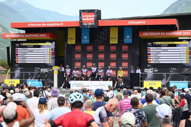 Criterium du Dauphine 2025 Stage 7 VALMEINIER 1800, FRANCE - JUNE 14 : Pogacar Tadej (SLO) of UAE Team Emirates - XRG ans his team during stage 7 of the 77th edition of Criterium du Dauphine Libere an UCI World Tour 2.UWT cycling road race stage for Men Elite of 131.6 km with start in Grand-Aigueblanche and finish in Valmeinier 1800 on June 14, 2025 in Valmeinier 1800, France, 14 06 2025 ( Motordriver Kenny Verfaillie - Valmeinier 1800 France  Copyright: xVincentxKalutx