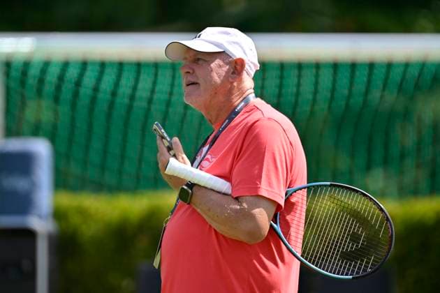 Coach Alexander Zverev senior on smartphone cell phone Father of Alexander Zverev GER Tennis Men BOSS Open ATP 250 Stuttgart 2025 Weissenhof BOSS Open ATP 250 Stuttgart 2025