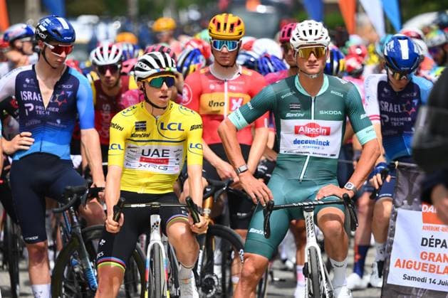 Criterium du Dauphine 2025 Stage 7 VALMEINIER 1800, FRANCE - JUNE 14 : Pogacar Tadej (SLO) of UAE Team Emirates - XRG and Van Der Poel Mathieu (NED) of Alpecin-Deceuninck during stage 7 of the 77th edition of Criterium du Dauphine Libere an UCI World Tour 2.UWT cycling road race stage for Men Elite of 131.6 km with start in Grand-Aigueblanche and finish in Valmeinier 1800 on June 14, 2025 in Valmeinier 1800, France, 14 06 2025 ( Motordriver Kenny Verfaillie - Valmeinier 1800 France  Copyright: xVincentxKalutx