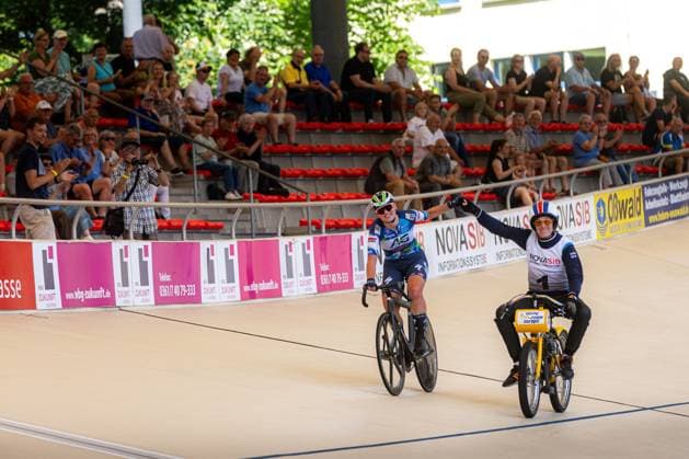 Erfurt , 140625 , German Championship Standing Derny Final in the picture Derny Women Messane Bräutigam with pacemaker Peter Bäuerlein