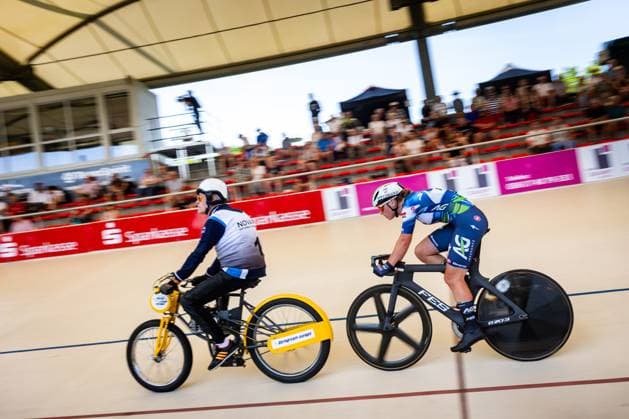 Erfurt , 140625 , German Championship Standing Derny Final in the picture Derny Women Messane Bräutigam with pacemaker Peter Bäuerlein