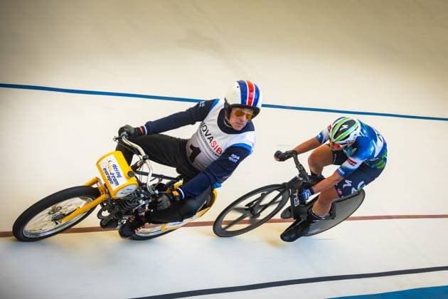 Erfurt , 140625 , German Championship Standing Derny Final in the picture Derny Women Messane Bräutigam with pacemaker Peter Bäuerlein