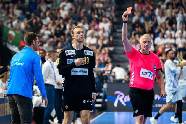 Cologne, Germany Handball EHF CL Final 4 semi-final Fuechse Berlin HBC Nantes red card for Mathias Gidsel Berlin Cologne Lanxess Arena North Rhine-Westphalia Germany