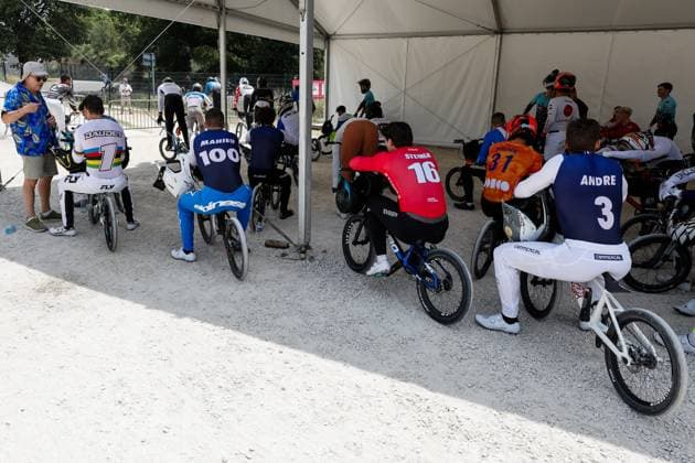 COUPE DU MONDE DE BMX 2025 MANCHE 1 PHOTOPQR LE DAUPHINE Christophe AGOSTINIS ; Sarrians ; 14 06 2025 ; Sarrians le 14 juin 2025. Coupe du Monde de BMX 2025. Manche 1.. Elite homme. Sylvain André, Joris Daudet et Romain Mahieu. Photo Christophe Agostinis Le Dauphiné Libéré BMX WORLD CUP EVENT IN SARRIANCE FRANCE JUNE 14TH 2025 Sarrians Vaucluse Provence-Alpes-Côte d Azur France  Copyright: xPHOTOPQR LExDAUPHINE MAXPPPxChristophexAGOSTINISx 20250614JDL0066 20250614JDL0066