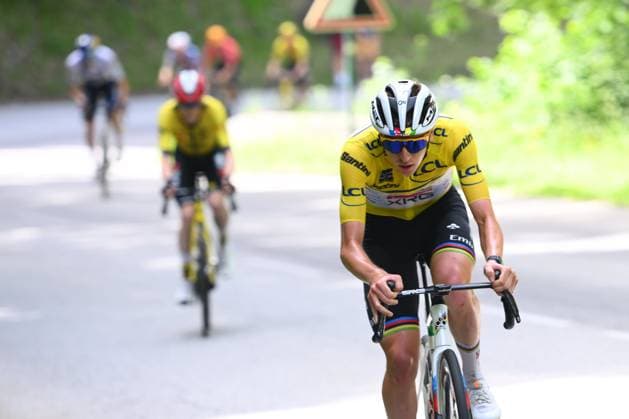 Criterium du Dauphine 2025 Stage 7 VALMEINIER 1800, FRANCE - JUNE 14 : Escape of Pogacar Tadej (SLO) of UAE Team Emirates - XRG during stage 7 of the 77th edition of Criterium du Dauphine Libere an UCI World Tour 2.UWT cycling road race stage for Men Elite of 131.6 km with start in Grand-Aigueblanche and finish in Valmeinier 1800 on June 14, 2025 in Valmeinier 1800, France, 14 06 2025 ( Motordriver Kenny Verfaillie - Valmeinier 1800 France  Copyright: xVincentxKalutx