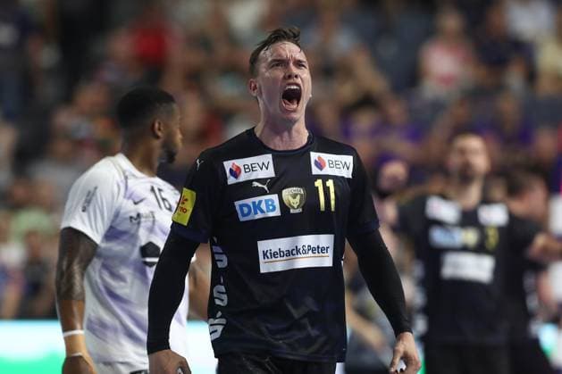 14 06 2025, xtgx, handball, EHF Champions League semi-final 1, Füchse Berlin HBC Nantes v l Lasse Bredekjaer Andersson Berlin, 11 jubilation, goal celebration, jubelt über das Tor, celebrate the goal, celebration Koeln