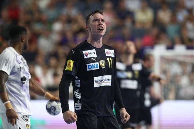 14 06 2025, xtgx, handball, EHF Champions League semi-final 1, Füchse Berlin HBC Nantes v l Lasse Bredekjaer Andersson Berlin, 11 jubilation, goal celebration, jubelt über das Tor, celebrate the goal, celebration Koeln