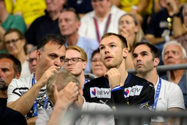 Mathias GIDSEL B sits on the tribune, after the red card, l Bob HANNING B, Managing Director Handball Champions League Final Four 2025, Semifinal, Fuechse Berlin B HBC Nantes NAN , on 14 06 2025 in Cologne Germany Â