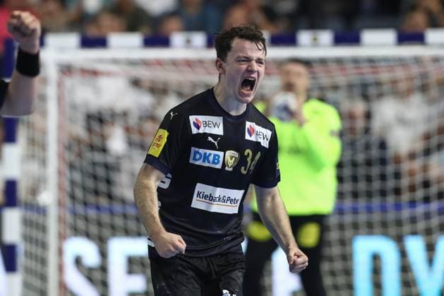 14 06 2025, xtgx, handball, EHF Champions League semi-final 1, Füchse Berlin HBC Nantes v l Hakun West av Teigum Berlin, 34 jubilation, jubil, jubelt ueber das Tor, celebrate the goal, celebration Koeln
