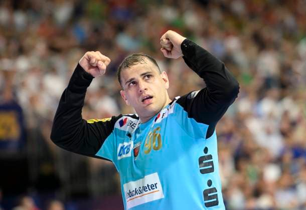 Final cheer B, goalkeeper Dejan MILOSAVLJEV B Handball Champions League Final Four 2025, semi-final, Fuechse Berlin B HBC Nantes NAN , on 14 06 2025 in Cologne Germany Â