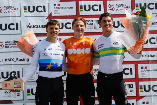 COUPE DU MONDE DE BMX 2025 MANCHE 1 PHOTOPQR LE DAUPHINE Christophe AGOSTINIS ; Sarrians ; 14 06 2025 ; Sarrians le 14 juin 2025. Coupe du Monde de BMX 2025. Manche 1. Finales et podiums. U23. Jason Noodam, vainqueur. devant le français Alexis Pieczanowsky. et Jessse Asmus. Photo Christophe Agostinis Le Dauphiné Libéré BMX WORLD CUP EVENT IN SARRIANS FRANCE JUNE 14TH 2025 Sarrians Vaucluse Provence-Alpes-Côte d Azur France  Copyright: xPHOTOPQR LExDAUPHINE MAXPPPxChristophexAGOSTINISx 20250614JDL0814 20250614JDL0814