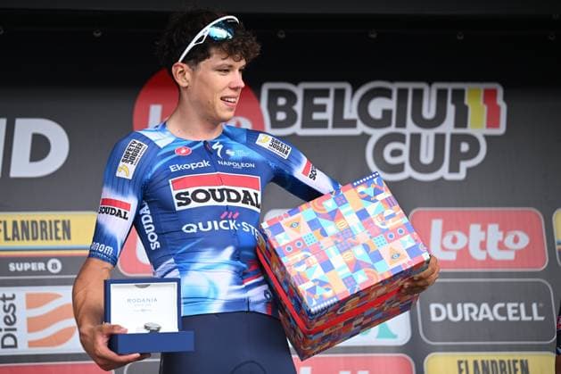 Dwars door het Hageland 2025 Cycling Race DIEST, BELGIUM - JUNE 14 : Magnier Paul (FRA) of Soudal - Quick Step during the podium ceremony of the 13th edition of Dwars door het Hageland an UCI ProSeries 1.Pro one day cycling road race for Men Elite of 180 km with start in Aarschot and finish in Diest on June 14, 2025 in Diest, Belgium, 14 06 2025 ( Motordriver Stephan Boone - Diest Belgium  Copyright: xTomasxSiskx