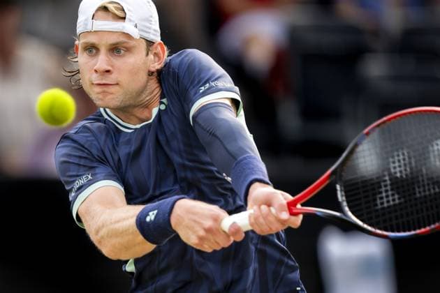 DEN BOSCH - Zizou Bergs (BEL) in his match against Reilly Opelka (USA) during the semifinals of the Libema Open. The tennis tournament takes place at the Autotron in Rosmalen. ANP SANDER KONING xVIxANPxSportx xxANPxIVx 529896248 originalFilename: 529896248.jpg