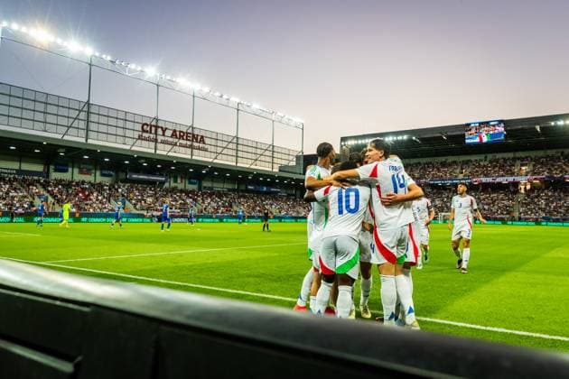 SLOVAKIA U21, U 21 - ITALY U21 Cesare Casadei of Italy celebrates a goal with his teammates Wilfried Gnonto, Tommaso Baldanzi, Giovanni Fabbian during the UEFA European Under-21 Championship 2025 Group A football match between Slovakia U21 and Italy U21. Stadium City Arena, Trnava, Slovakia, June 14, 2025. Photo by Branislav Racko Copyright: xx AS0I0750