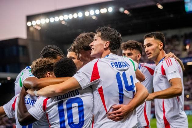 SLOVAKIA U21, U 21 - ITALY U21 Giovanni Fabbian of Italy celebrates a goal during the UEFA European Under-21 Championship 2025 Group A football match between Slovakia U21 and Italy U21. Stadium City Arena, Trnava, Slovakia, June 14, 2025. Photo by Branislav Racko Copyright: xx _BRR1177