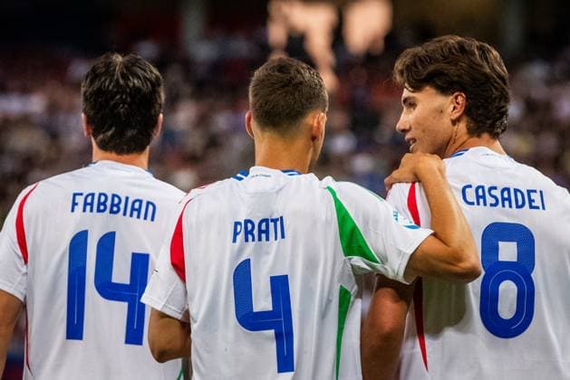 SLOVAKIA U21, U 21 - ITALY U21 Tommaso Baldanzi, Matteo Prati, Cesare Casadei of Italy during the UEFA European Under-21 Championship 2025 Group A football match between Slovakia U21 and Italy U21. Stadium City Arena, Trnava, Slovakia, June 14, 2025. Photo by Branislav Racko Copyright: xx _BRR1208