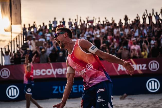 Beach volleyball men Allianz German Beach Tour 2025 Tourstop Bremen 14 06 2025 David Poniewaz celebrates after the victory Bremen Waterfront Bremen Germany