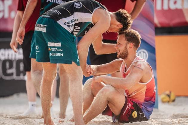 Beach volleyball men Allianz German Beach Tour 2025 Tourstop Bremen 14 06 2025 f l Hennes Nissen and Eric Stadie Seeber Bremen Waterfront Bremen Germany