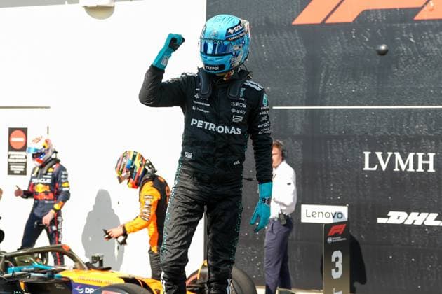 George Russell (GBR), Mercedes-AMG Petronas F1 Team, 63, smiles after winning the pole during qualifying during Pirelli Grand Prix du Canada 2025 - Qualifying, Formula 1 Championship in Montreal, Canada, June 14 2025  Copyright: xScottxColeman IPAxSportx xipa-agency.netx xx IPA_59058041 IPA_Agency_IPA59058041