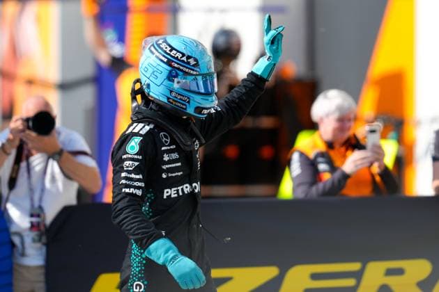 George Russell (GBR), Mercedes-AMG Petronas F1 Team, 63, smiles after winning the pole during qualifying during Pirelli Grand Prix du Canada 2025 - Qualifying, Formula 1 Championship in Montreal, Canada, June 14 2025  Copyright: xScottxColeman IPAxSportx xipa-agency.netx xx IPA_59058055 IPA_Agency_IPA59058055