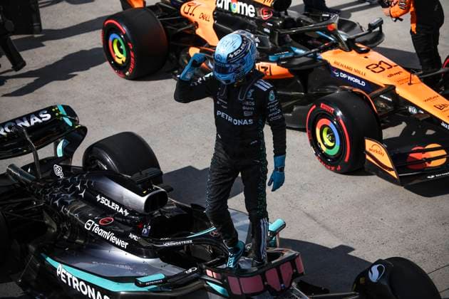 F1 - CANADIAN GRAND PRIX 2025 RUSSELL George (gbr), Mercedes AMG F1 Team W16, portrait, celebrating his pole position during the Formula 1 Pirelli Grand Prix du Canada 2025, 10th round of the 2025 FIA Formula One World Championship, WM, Weltmeisterschaft from June 14 to 16, 2025 on the Circuit Gilles Villeneuve, in MontrÃ al, Canada - MontrÃ alCanada  Copyright: xEricxAlonsox