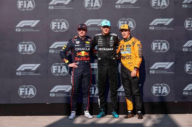 F1 - CANADIAN GRAND PRIX 2025 RUSSELL George (gbr), Mercedes AMG F1 Team W16, portrait, celebrating his pole position with VERSTAPPEN Max (ned), Red Bull Racing RB21 and PIASTRI Oscar (aus), McLaren F1 Team MCL39 during the Formula 1 Pirelli Grand Prix du Canada 2025, 10th round of the 2025 FIA Formula One World Championship, WM, Weltmeisterschaft from June 14 to 16, 2025 on the Circuit Gilles Villeneuve, in MontrÃ al, Canada - MontrÃ alCanada  Copyright: xEricxAlonsox