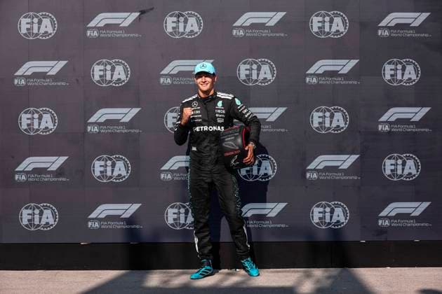 F1 - CANADIAN GRAND PRIX 2025 RUSSELL George (gbr), Mercedes AMG F1 Team W16, portrait, celebrating his pole position during the Formula 1 Pirelli Grand Prix du Canada 2025, 10th round of the 2025 FIA Formula One World Championship, WM, Weltmeisterschaft from June 14 to 16, 2025 on the Circuit Gilles Villeneuve, in MontrÃ al, Canada - MontrÃ alCanada  Copyright: xEricxAlonsox