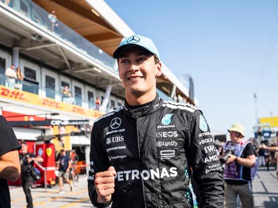 June 14, 2025, Montreal, Qc, CANADA: Mercedes driver George Russell, of the United Kingdom, celebrates after taking pole position in qualifying session at the Canadian Grand Prix in Montreal, Saturday, June 14, 2025. Canada News - June 14, 2025 - ZUMAc35_ 20250614_zaf_c35_113 Copyright: xChristopherxKatsarovx