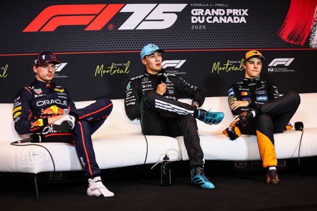 F1 - CANADIAN GRAND PRIX 2025 VERSTAPPEN Max (ned), Red Bull Racing RB21, portrait, RUSSELL George (gbr), Mercedes AMG F1 Team W16, portrait and PIASTRI Oscar (aus), McLaren F1 Team MCL39, portrait press conference, PK, Pressekonferenz during the Formula 1 Pirelli Grand Prix du Canada 2025, 10th round of the 2025 FIA Formula One World Championship, WM, Weltmeisterschaft from June 14 to 16, 2025 on the Circuit Gilles Villeneuve, in MontrÃ al, Canada - MontrÃ alCanada  Copyright: xEricxAlonsox