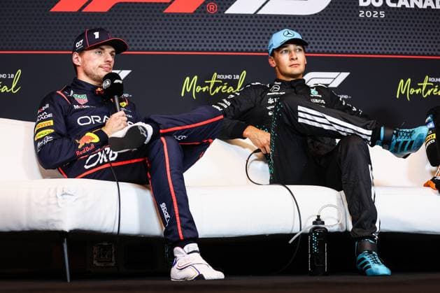 F1 - CANADIAN GRAND PRIX 2025 VERSTAPPEN Max (ned), Red Bull Racing RB21, portrait and RUSSELL George (gbr), Mercedes AMG F1 Team W16, portrait press conference, PK, Pressekonferenz during the Formula 1 Pirelli Grand Prix du Canada 2025, 10th round of the 2025 FIA Formula One World Championship, WM, Weltmeisterschaft from June 14 to 16, 2025 on the Circuit Gilles Villeneuve, in MontrÃ al, Canada - MontrÃ alCanada  Copyright: xEricxAlonsox