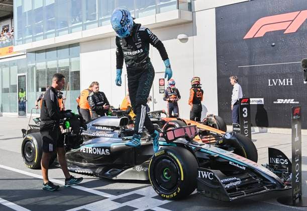 June 14, 2025, Montreal, Qc, CANADA: Mercedes driver George Russell, of the United Kingdom, jumps off his car after taking the poll in the qualifying session at the Canadian Grand Prix in Montreal, Saturday, June 14, 2025. George Russell, - ZUMAc35_ 20250614_zaf_c35_120 Copyright: xGrahamxHughesx
