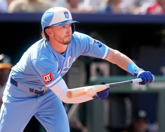 June 14, 2025: Kansas City Royals outfielder Drew Waters (8) letdown a bunt in the 5th inning against the Athletics at Kauffman Stadium Kansas City, Missouri. CSM. Kansas City United States - ZUMAc04_ 20250614_zma_c04_001 Copyright: xJonxRobichaudx