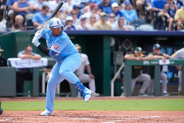 June 14, 2025: Kansas City Royals catcher Salvador Perez (13) prepares to drive a pitch against the Athletics at Kauffman Stadium Kansas City, Missouri. CSM. Kansas City United States - ZUMAc04_ 20250614_zma_c04_008 Copyright: xJonxRobichaudx