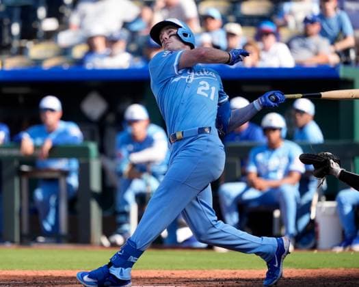 June 14, 2025: Kansas City Royals outfielder Mark Canha (21) lofts a ball to deep left field against the Athletics at Kauffman Stadium Kansas City, Missouri. CSM. Kansas City United States - ZUMAc04_ 20250614_zma_c04_005 Copyright: xJonxRobichaudx
