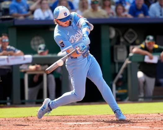 June 14, 2025: Kansas City Royals shortstop Bobby Witt Jr. (7) drives a pitch to right field against the Athletics at Kauffman Stadium Kansas City, Missouri. CSM. Kansas City United States - ZUMAc04_ 20250614_zma_c04_011 Copyright: xJonxRobichaudx