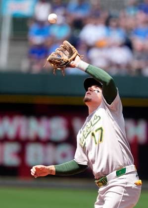 June 14, 2025: Athletics second base Luis UroÂ­as (17) makes a catch on an infield fly ball against the Royals at Kauffman Stadium Kansas City, Missouri. CSM. Kansas City United States - ZUMAc04_ 20250614_zma_c04_014 Copyright: xJonxRobichaudx