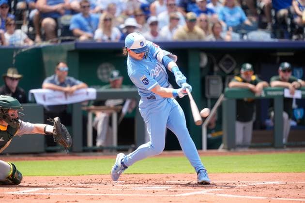 June 14, 2025: Kansas City Royals shortstop Bobby Witt Jr. (7) drives a pitch to center field against the Athletics at Kauffman Stadium Kansas City, Missouri. CSM. Kansas City United States - ZUMAc04_ 20250614_zma_c04_019 Copyright: xJonxRobichaudx