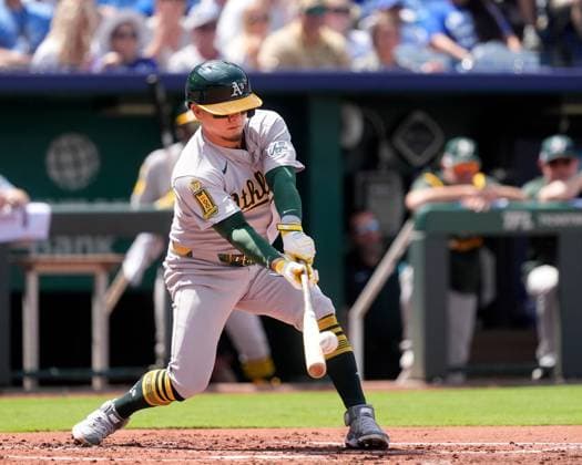 June 14, 2025: Athletics second base Luis UroÂ­as (17) drives a ball to deep left field in the 2nd inning against the Royals at Kauffman Stadium Kansas City, Missouri. CSM. Kansas City United States - ZUMAc04_ 20250614_zma_c04_021 Copyright: xJonxRobichaudx