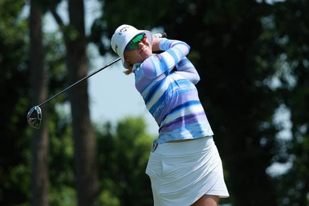 Meijer LPGA, Golf Damen Classic BELMONT, MICHIGAN-JUNE 14: Madelene Sagstrom of Sweden plays her tee shot on the 10th hole during the third round of the Meijer LPGA Classic for Simply Give golf tournament at Blythefield Country Club in Belmont, MI, USA Saturday, June 14, 2025. Belmont Michigan United States  Copyright: xJorgexLemusx originalFilename:lemus-meijerlp250614_npcX2.jpg